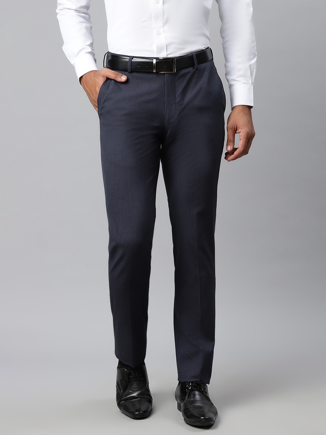Buy Louis Philippe Men Navy Blue Regular Fit Solid Regular Trousers ...