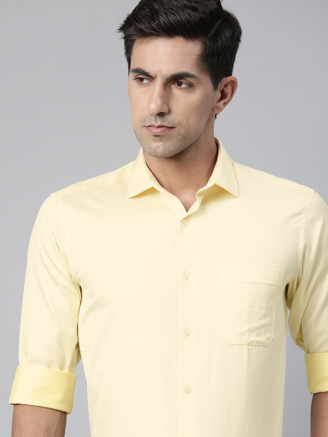 Buy Louis Philippe Men Yellow & White Regular Fit Geometric Print Pure