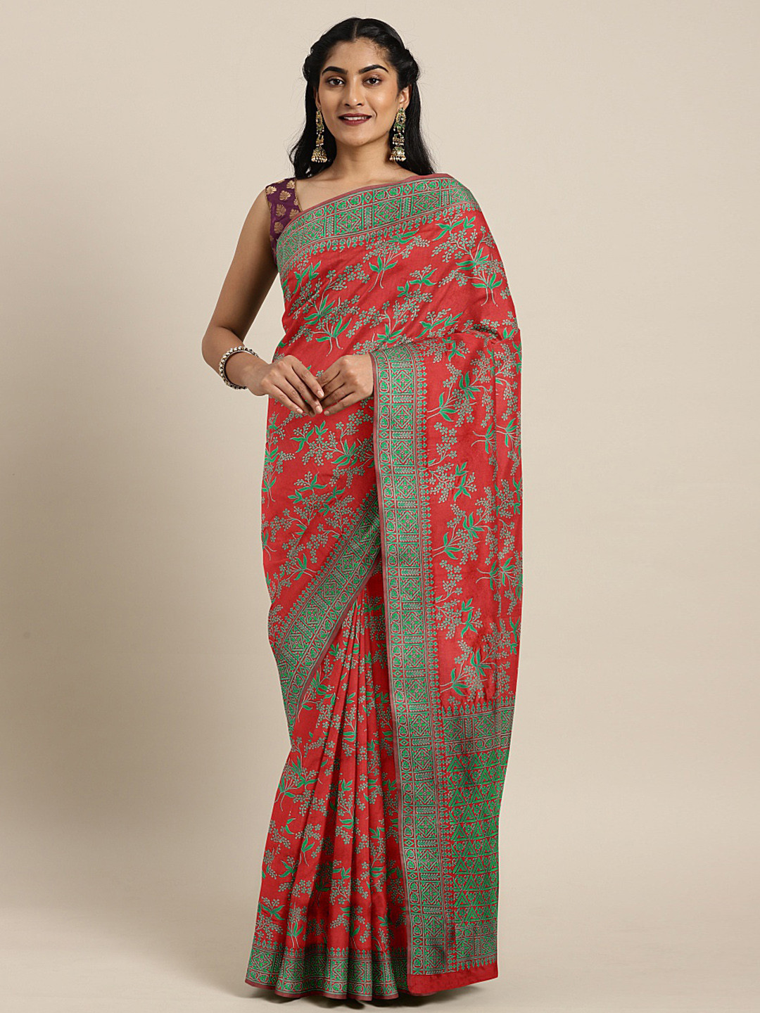 Buy Mitera Red & Green Printed Saree Sarees for Women 13694920 Myntra