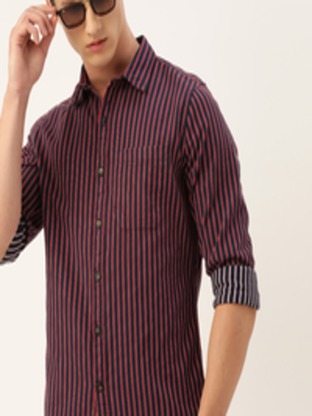 Buy SINGLE Men Navy Blue & Red Slim Fit Striped Casual Shirt - Shirts ...
