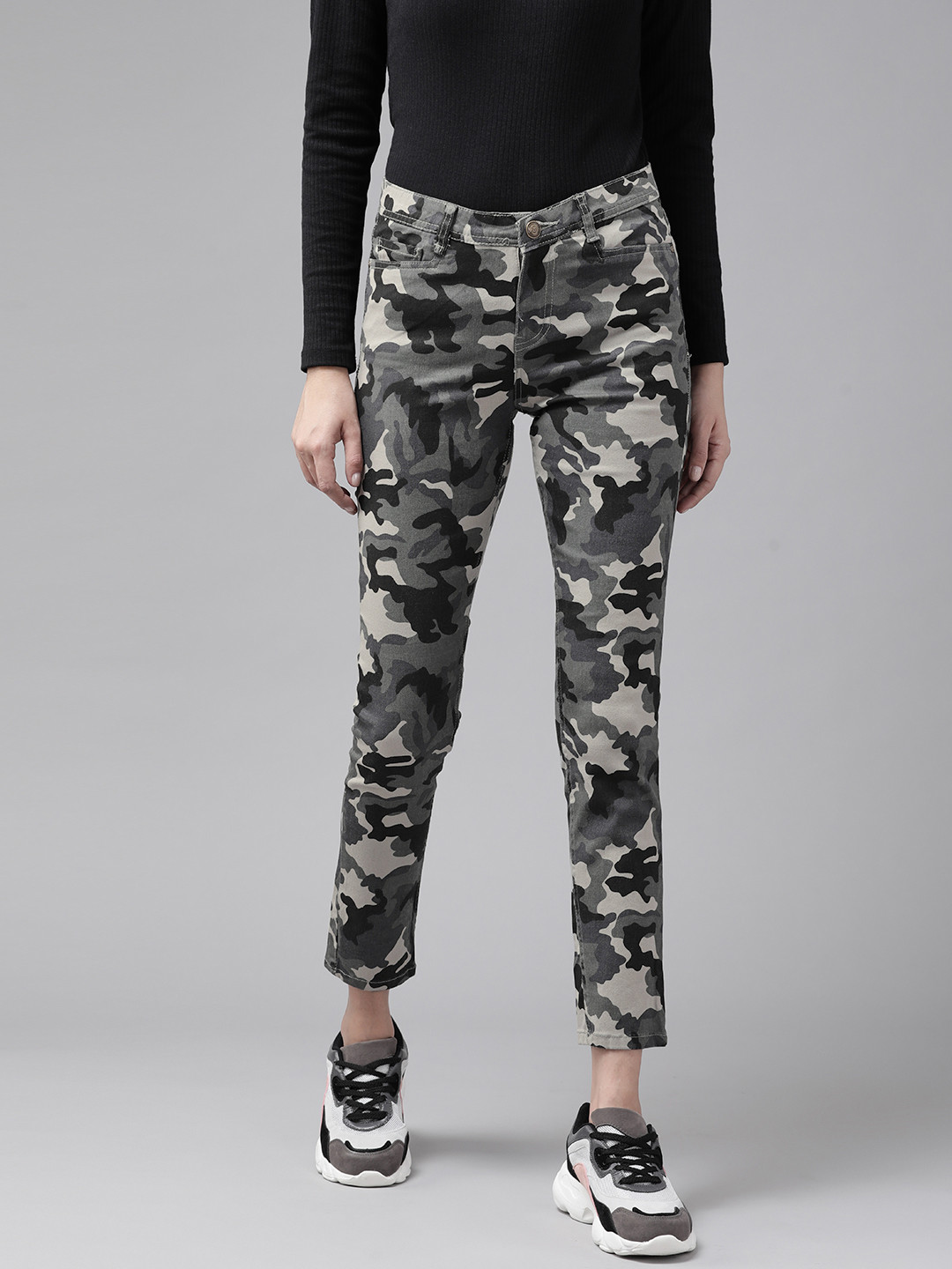 Buy Roadster Women Grey Camouflage Printed Slim Fit Chinos Trousers Trousers for Women