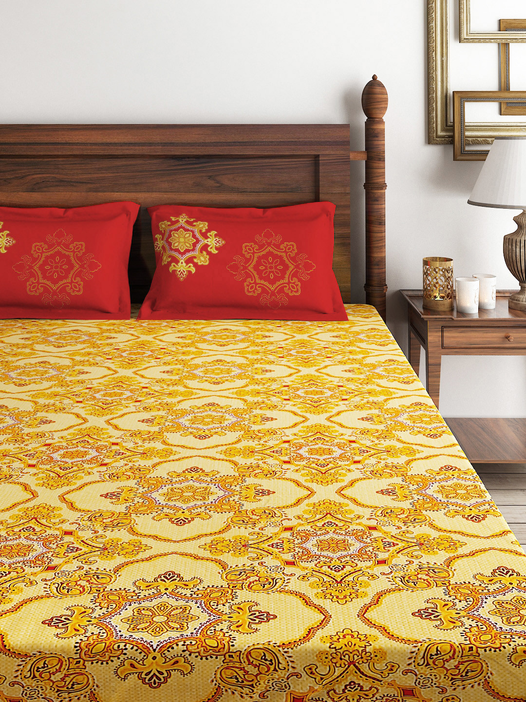 Buy Tangerine Yellow 144 TC Cotton Double Bedsheet With 2 Pillow Covers Bedsheets for Unisex