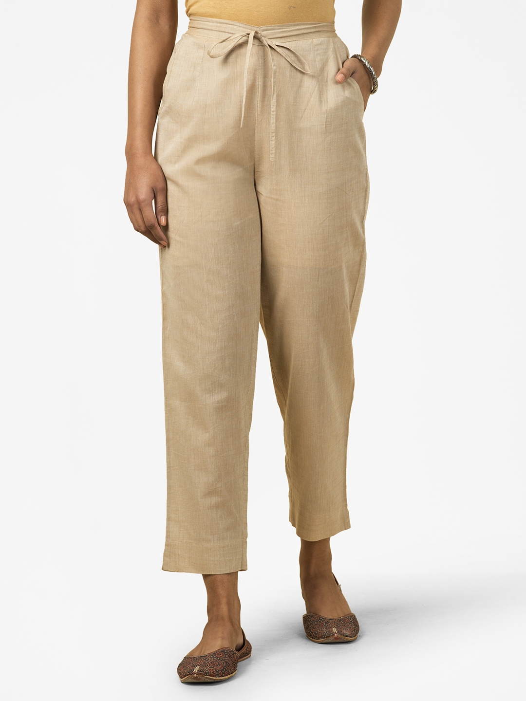 Buy Fabindia Women Beige Solid Regular Fit Cropped Trousers - Trousers ...
