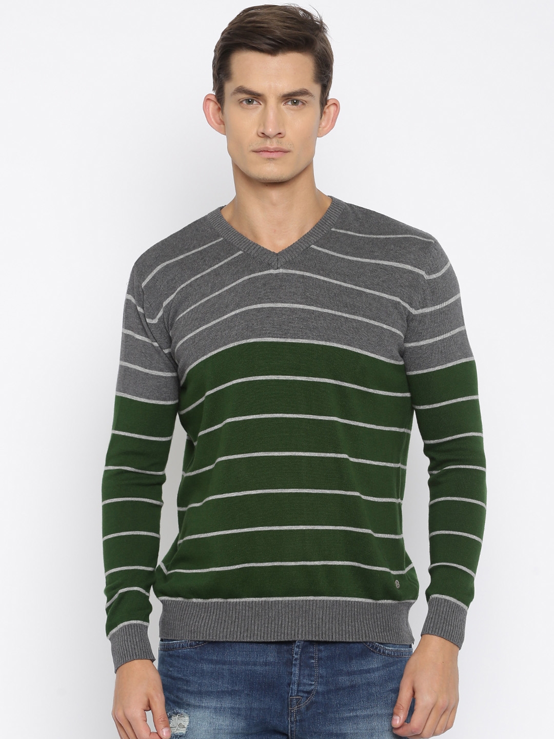 Buy Roadster Green & Grey Striped Sweater - Sweaters for Men 1370997 ...