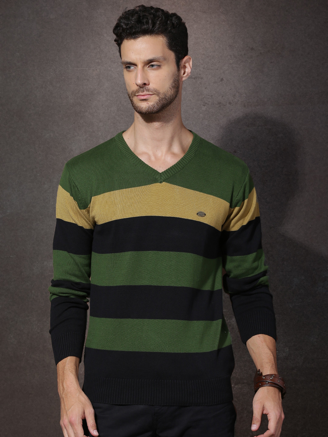 Buy Roadster Men Green & Khaki Striped Sweater Sweaters for Men 1371005 Myntra