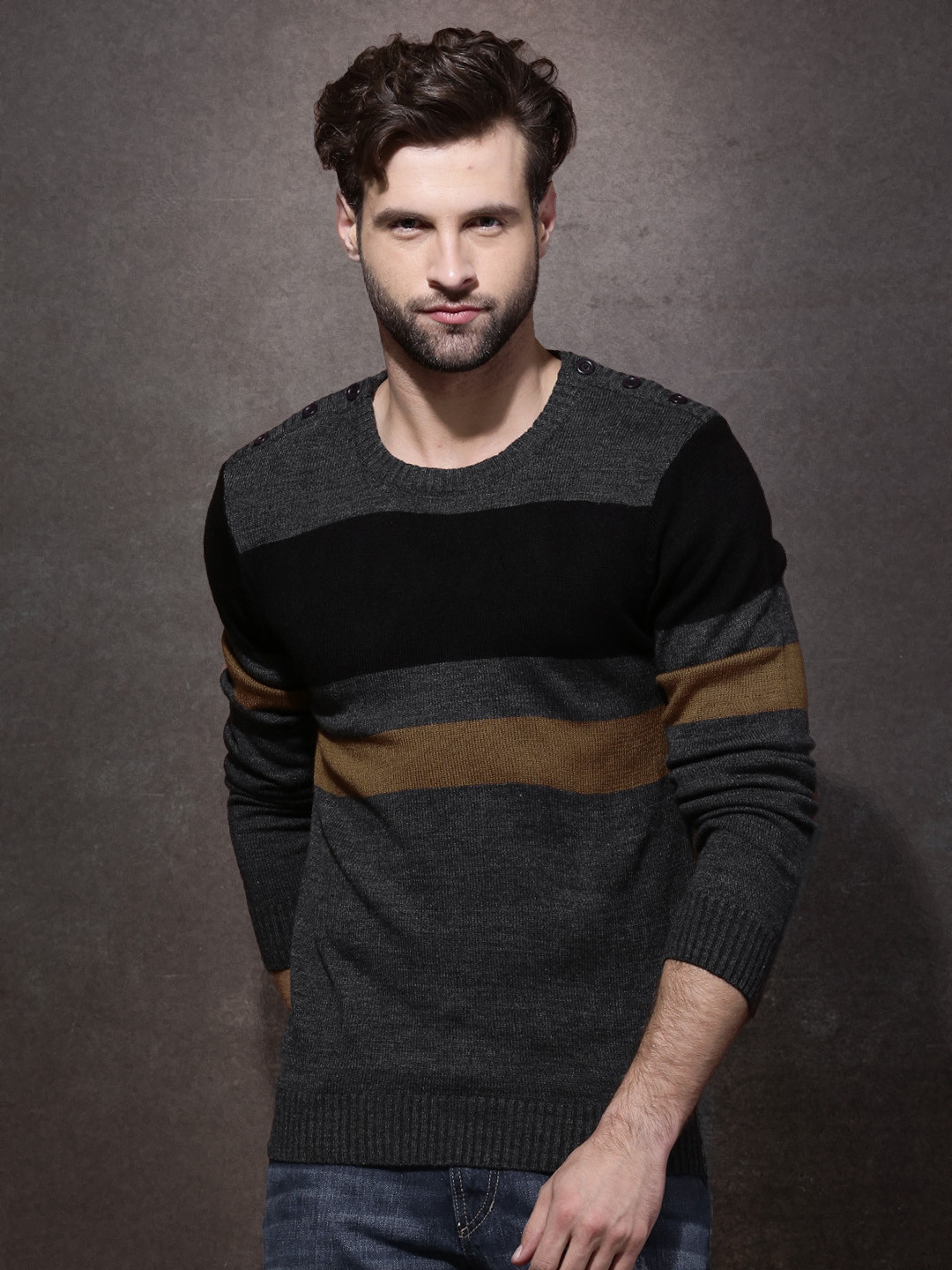 Buy Roadster Charcoal Grey & Black Striped Sweater Sweaters for Men