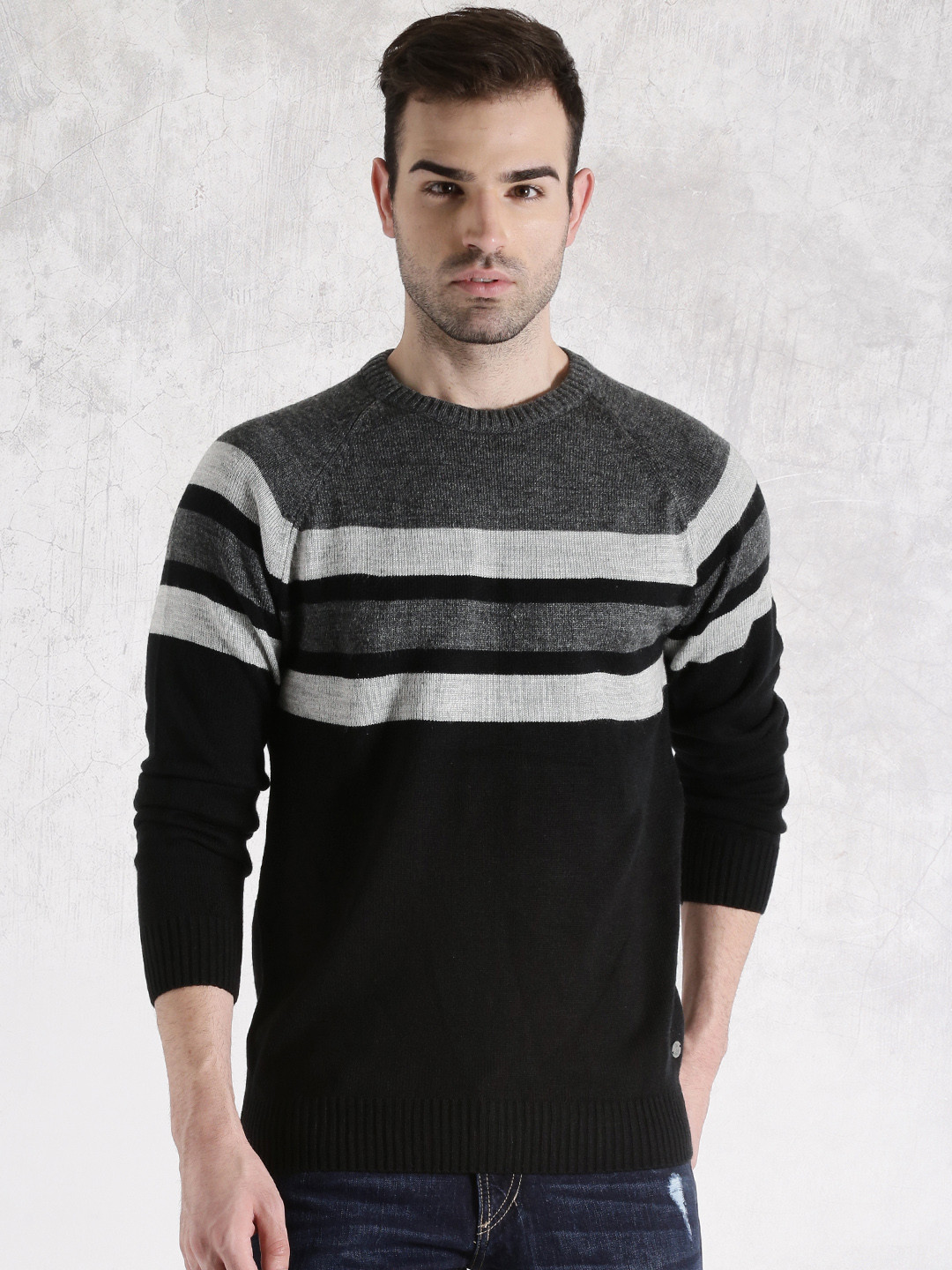 Buy Roadster Grey & Black Striped Sweater Sweaters for Men 1371044