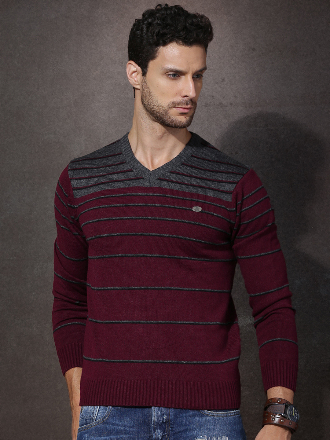 Buy Roadster Men Maroon Striped Sweater Sweaters for Men 1371061 Myntra