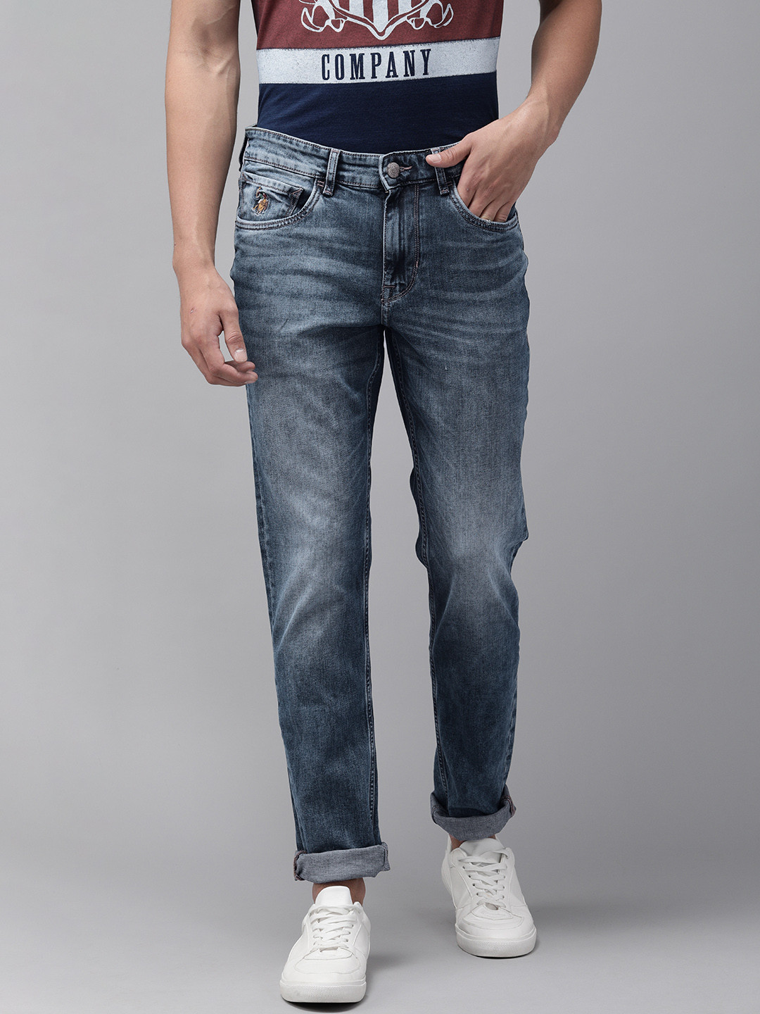 Buy U.S. Polo Assn. Denim Co. Men Navy Blue Washed Slim Fit Clean Look ...