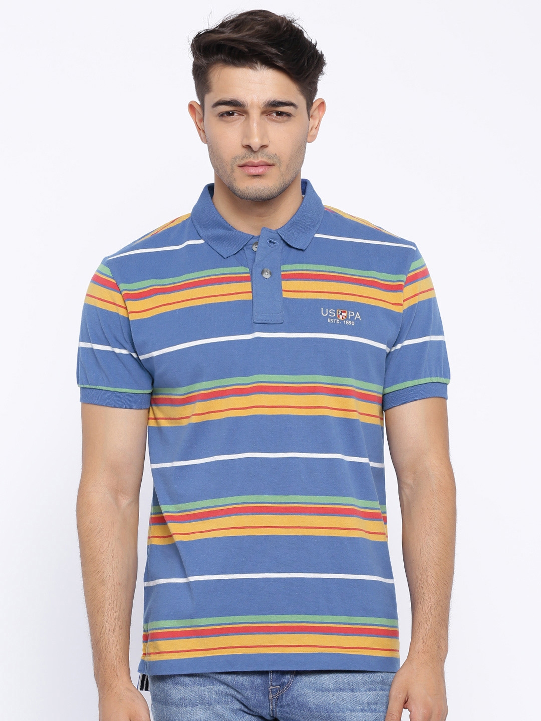 Buy U.S. Polo Assn. Denim Co. Blue Yellow Striped Polo Pure Cotton T ...