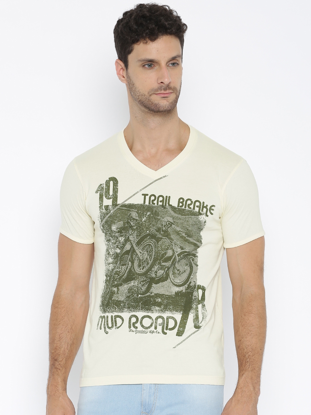 Buy Roadster Cream Coloured Printed Pure Cotton T Shirt - Tshirts for ...