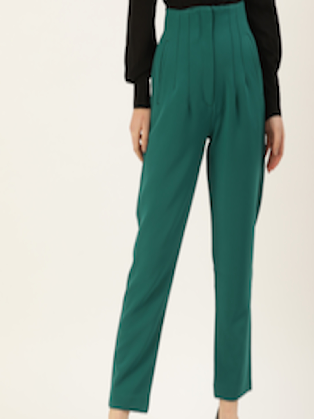 Buy AND Women Teal Green Solid Front Pleated Formal Trousers - Trousers ...