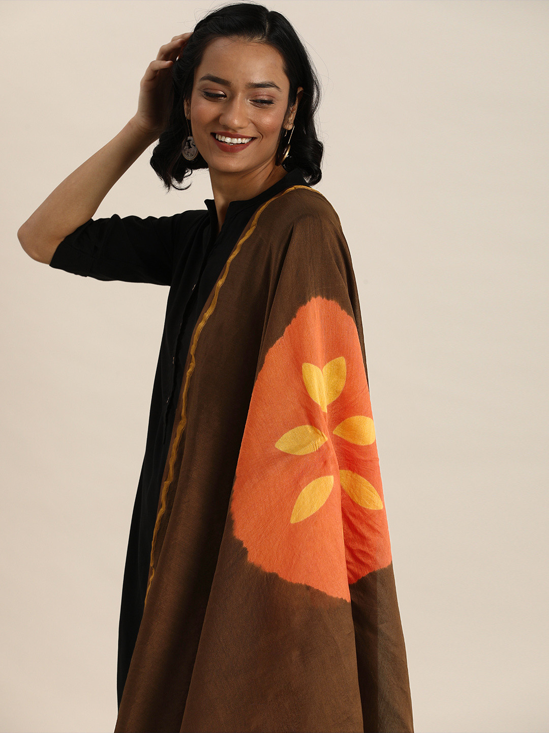 Buy Taavi Brown & Mustard Yellow Shibori Hand Tie And Dye Dupatta