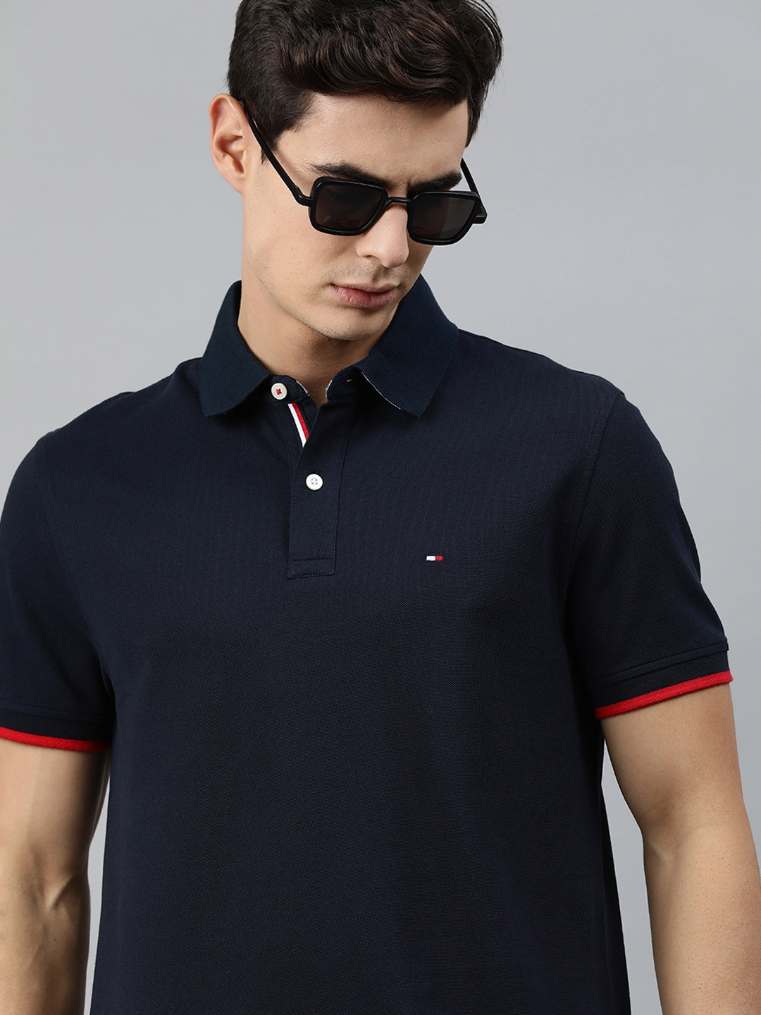 Buy Tommy Hilfiger Men Navy Blue Solid Pure Cotton Polo Collar Pure ...