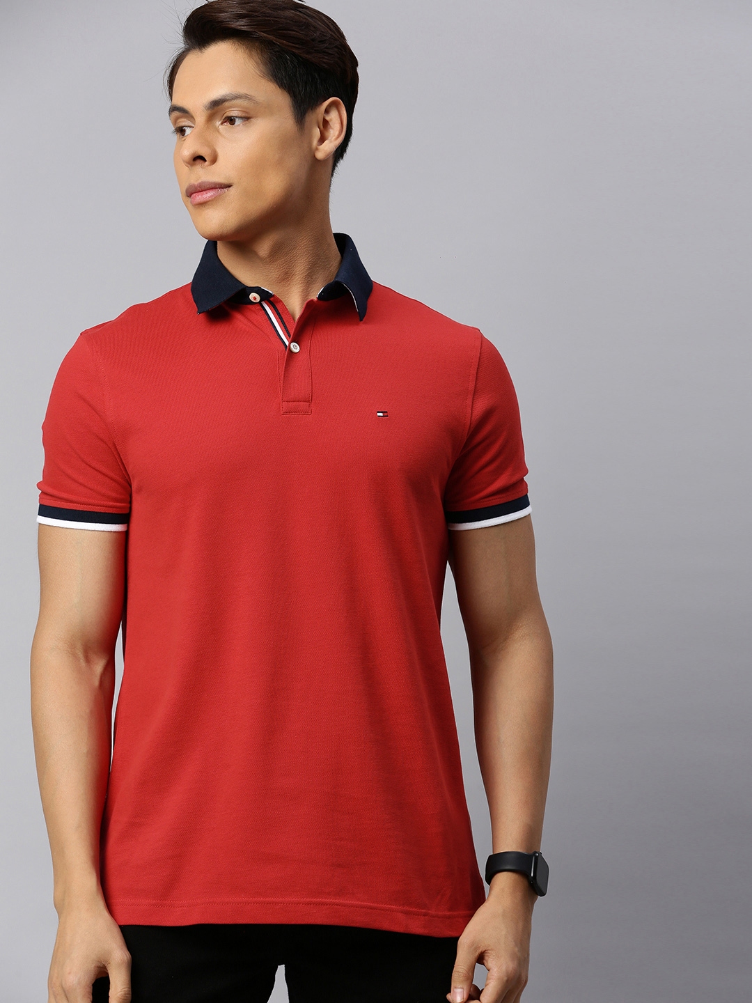 Buy Tommy Hilfiger Men Red Solid Pure Cotton Polo Collar Pure Cotton T ...
