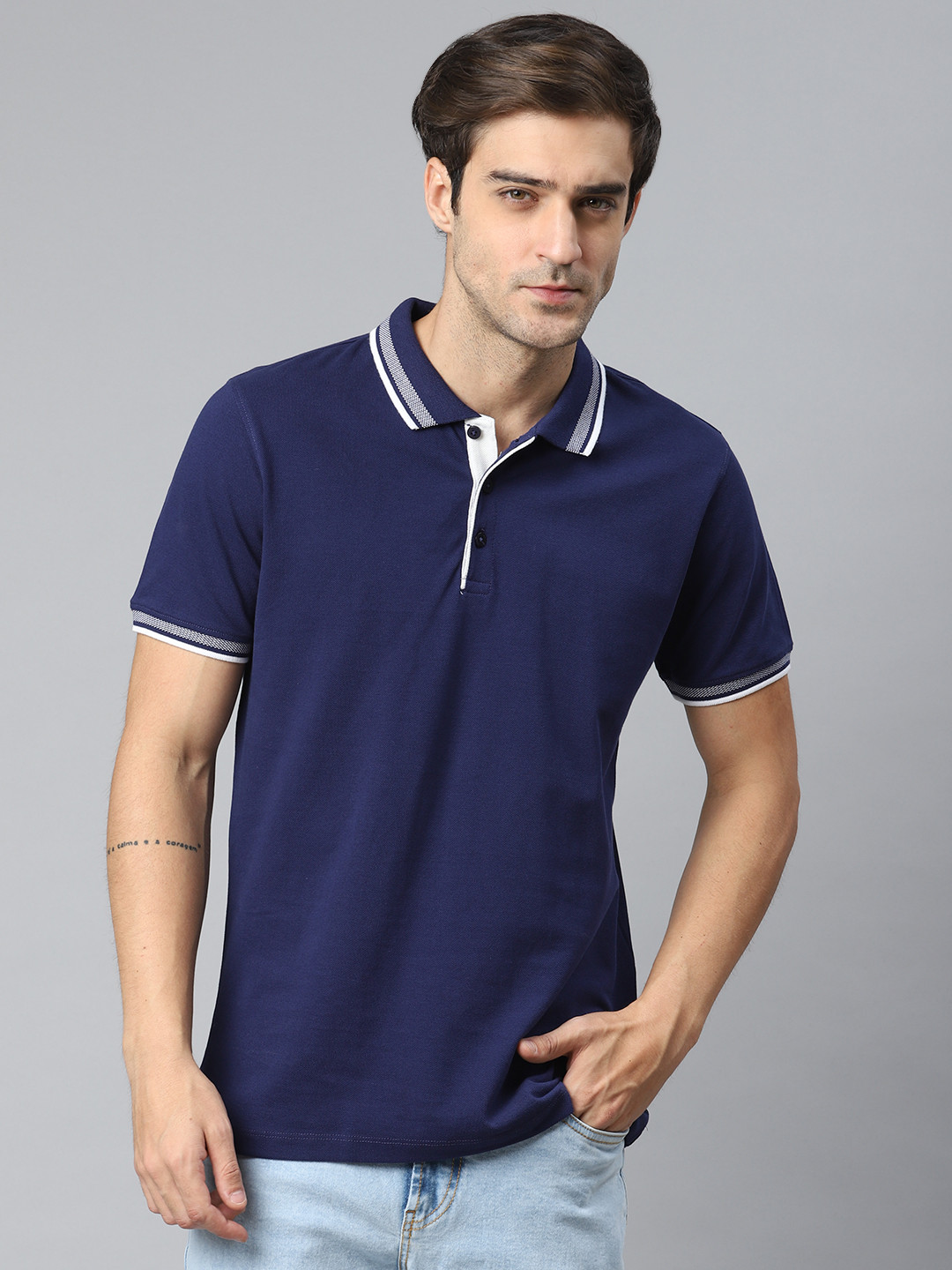 Buy Harvard Men Navy Blue Solid Pure Cotton Polo Collar T Shirt