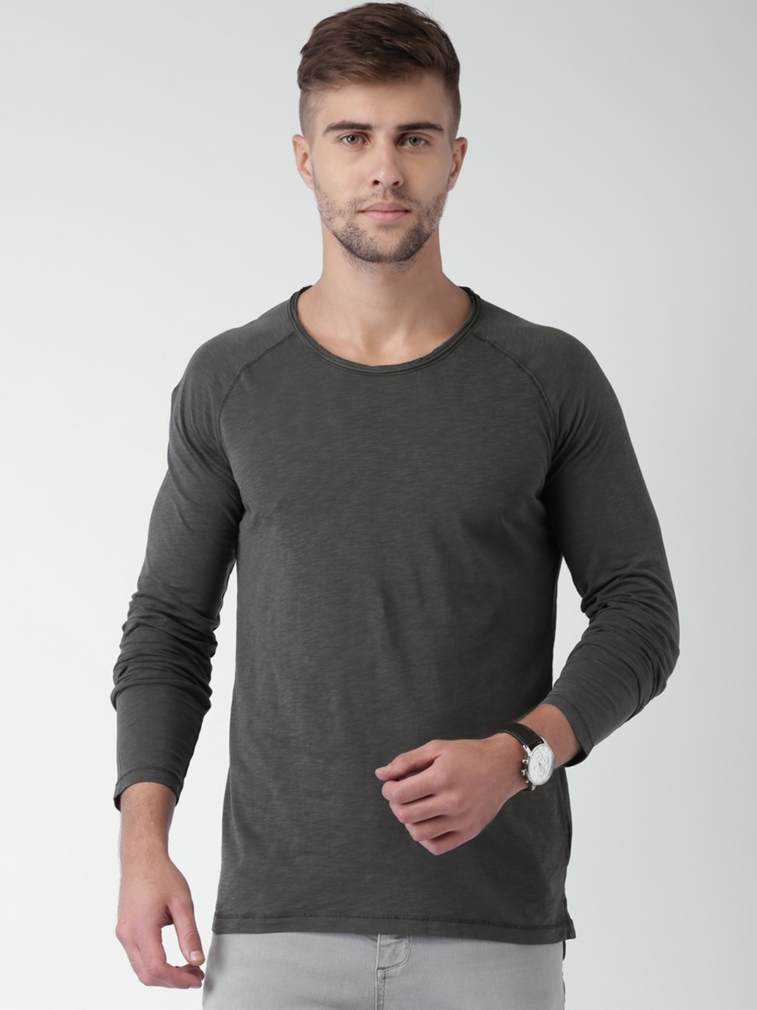 Buy SELECTED Charcoal Grey Pure Cotton T Shirt - Tshirts for Men ...