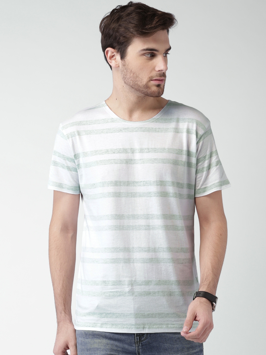 Buy SELECTED White Green Melange Striped Pure Cotton T Shirt - Tshirts ...