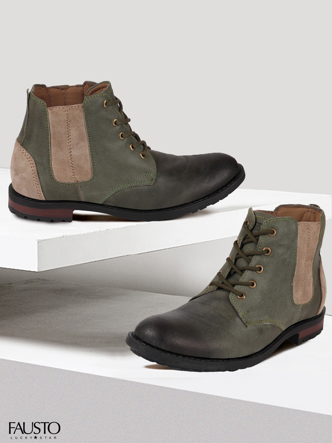 Buy FAUSTO Men Olive Green Colourblocked Leather Flat Boots Boots for