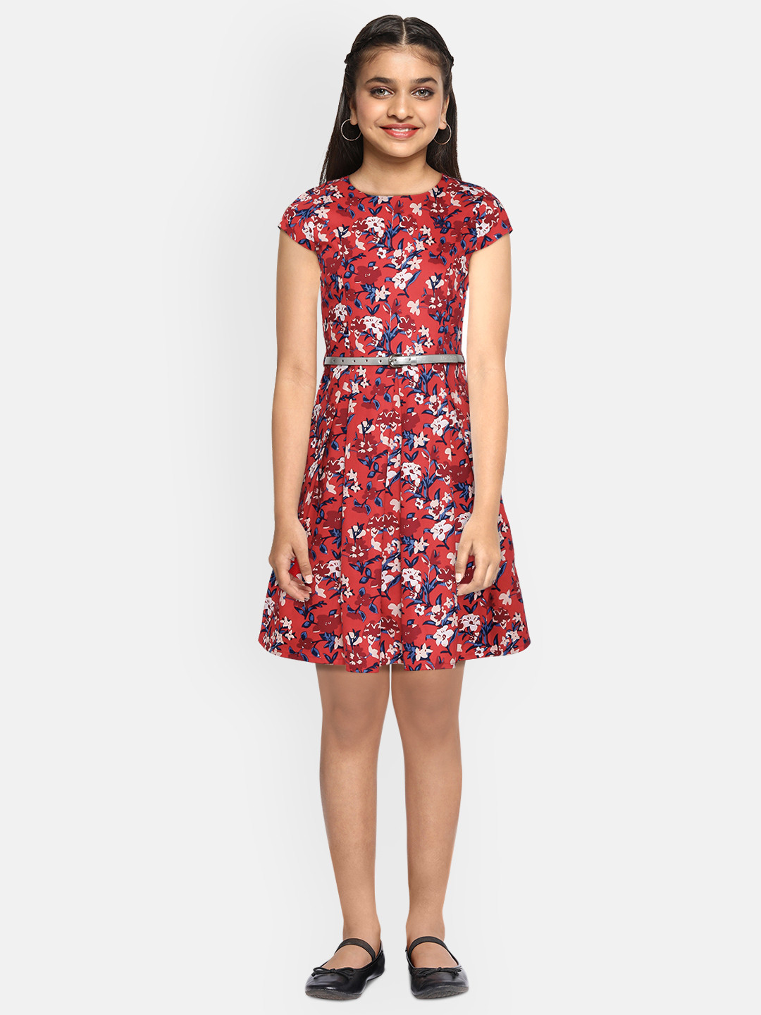 Buy Allen Solly Junior Girls Red & Blue Floral Print Cotton Fit & Flare Dress With Belt 