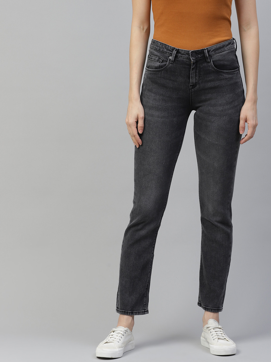 Buy HERE&NOW Women Charcoal Grey Regular Fit Light Fade Stretchable