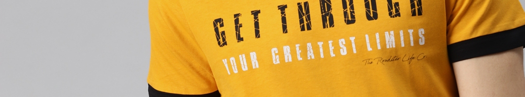 Buy Roadster Men Mustard Yellow & Black Typography Printed T Shirt ...