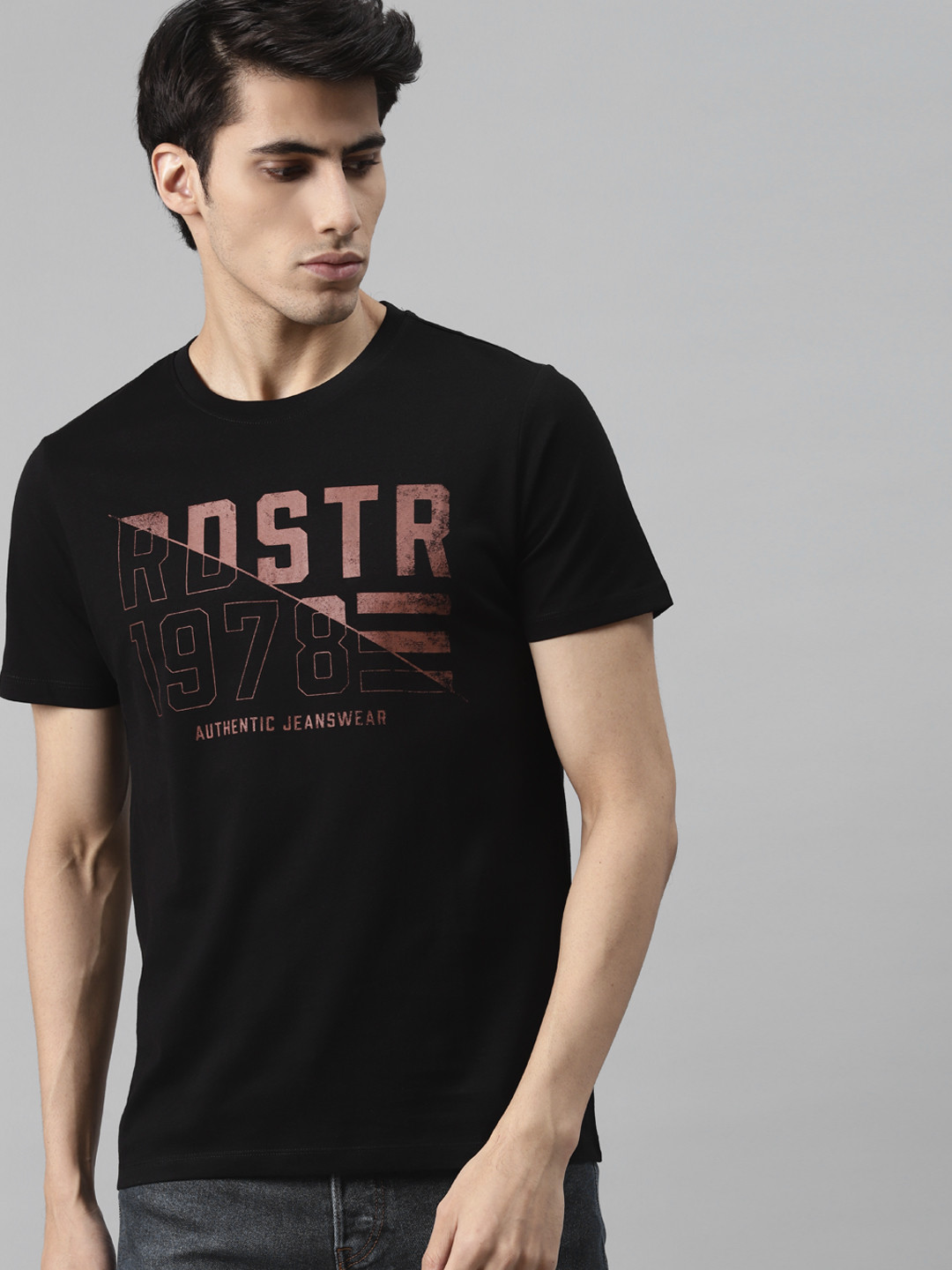 Buy Roadster Men Black & Brown Brand Logo Printed Pure Cotton T Shirt Tshirts for Men 13744628