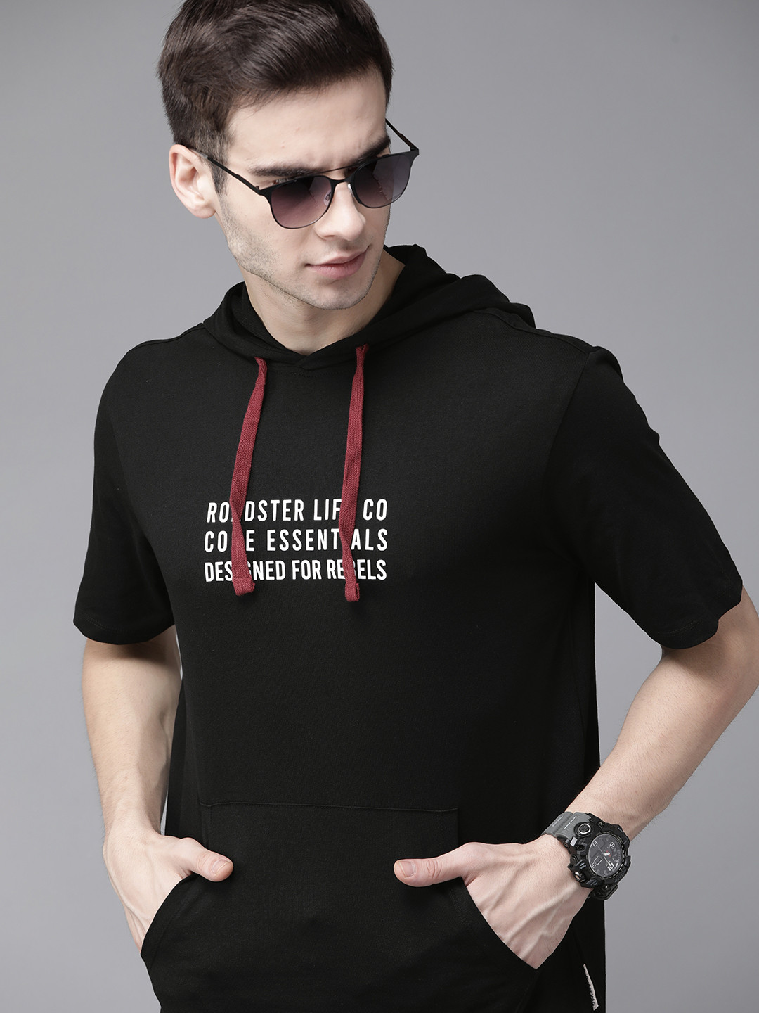 Buy Roadster Men Black Pure Cotton Printed Hooded Pure Cotton T Shirt