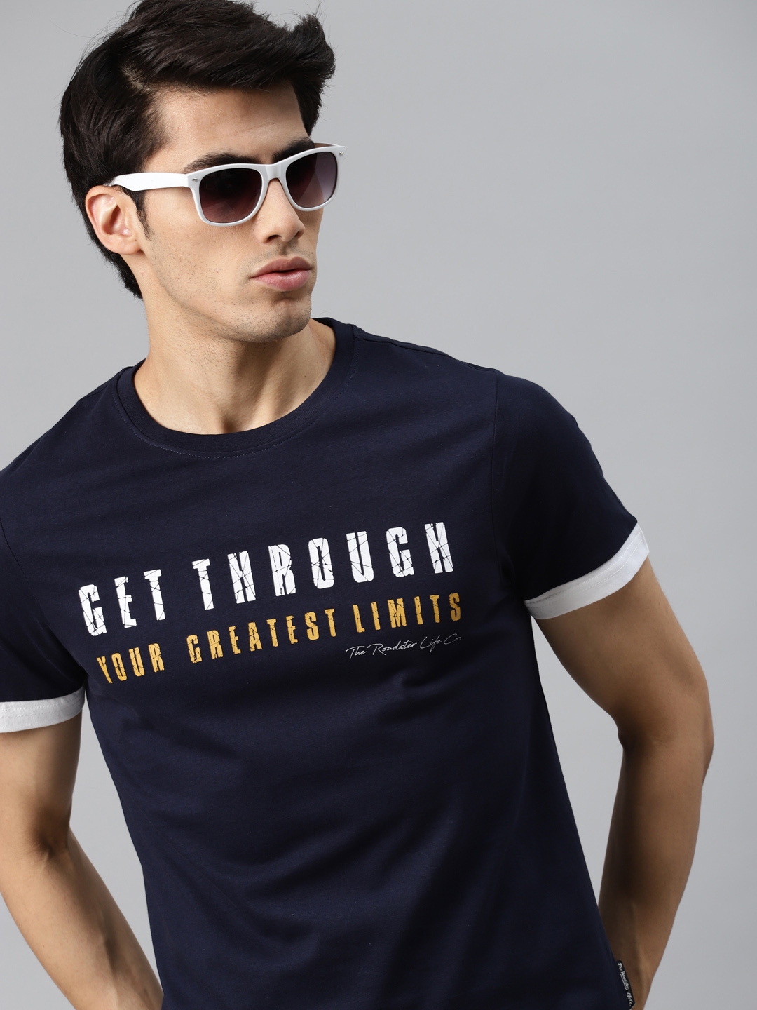 Buy Roadster Men Navy Blue Typography Printed Pure Cotton T Shirt ...
