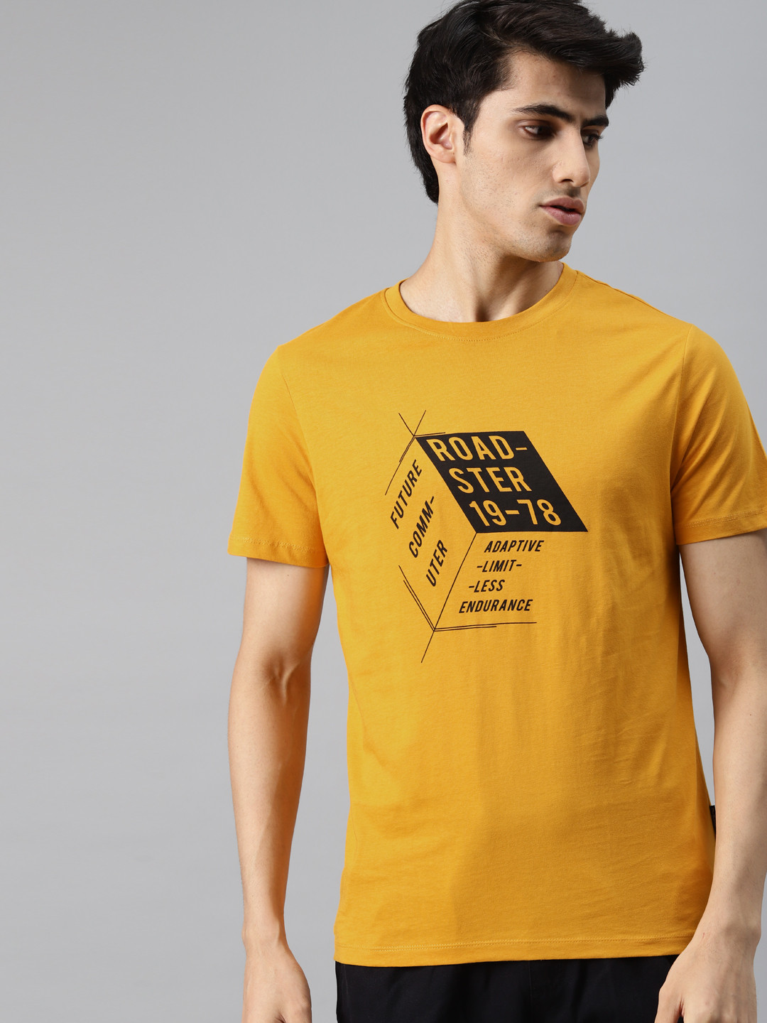 Buy Roadster Men Mustard Yellow Black Pure Cotton Brand Logo Pure