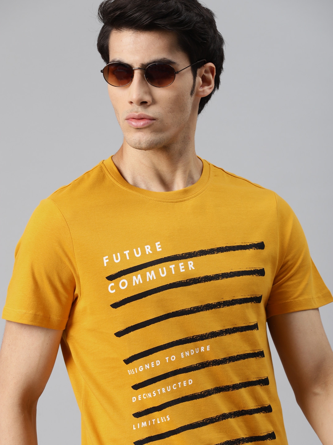 Buy Roadster Men Mustard Yellow Pure Cotton Striped Pure Cotton T Shirt ...