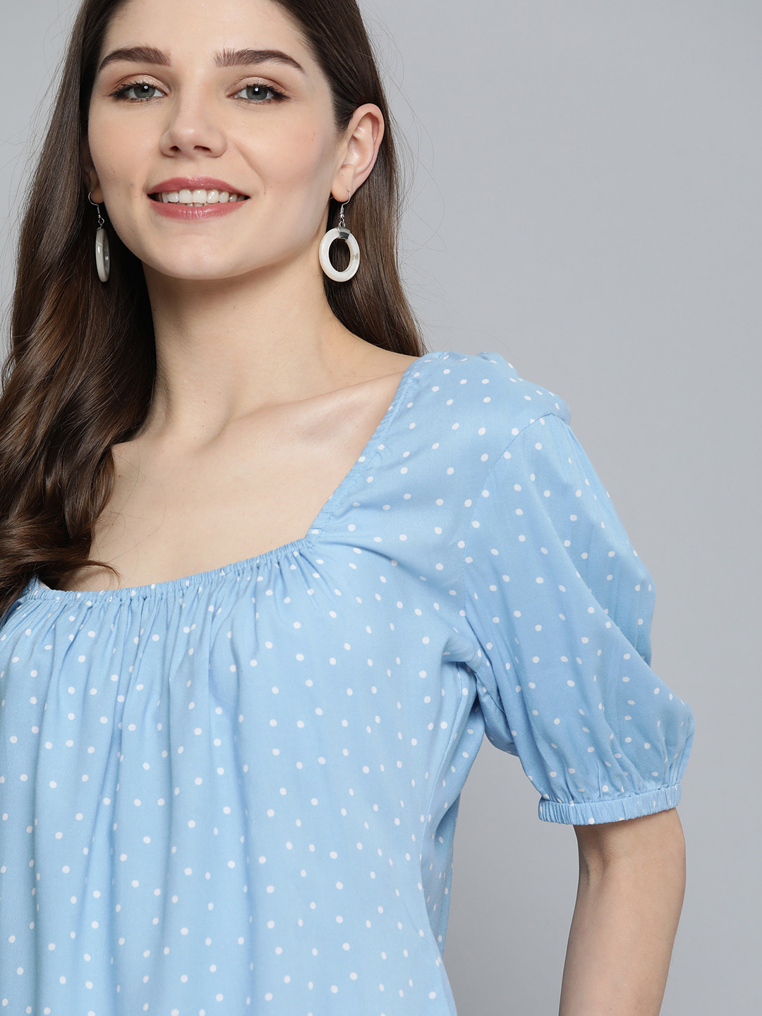 Yellow Blue Polka Puff Sleeves Top with Denim Skirt Set