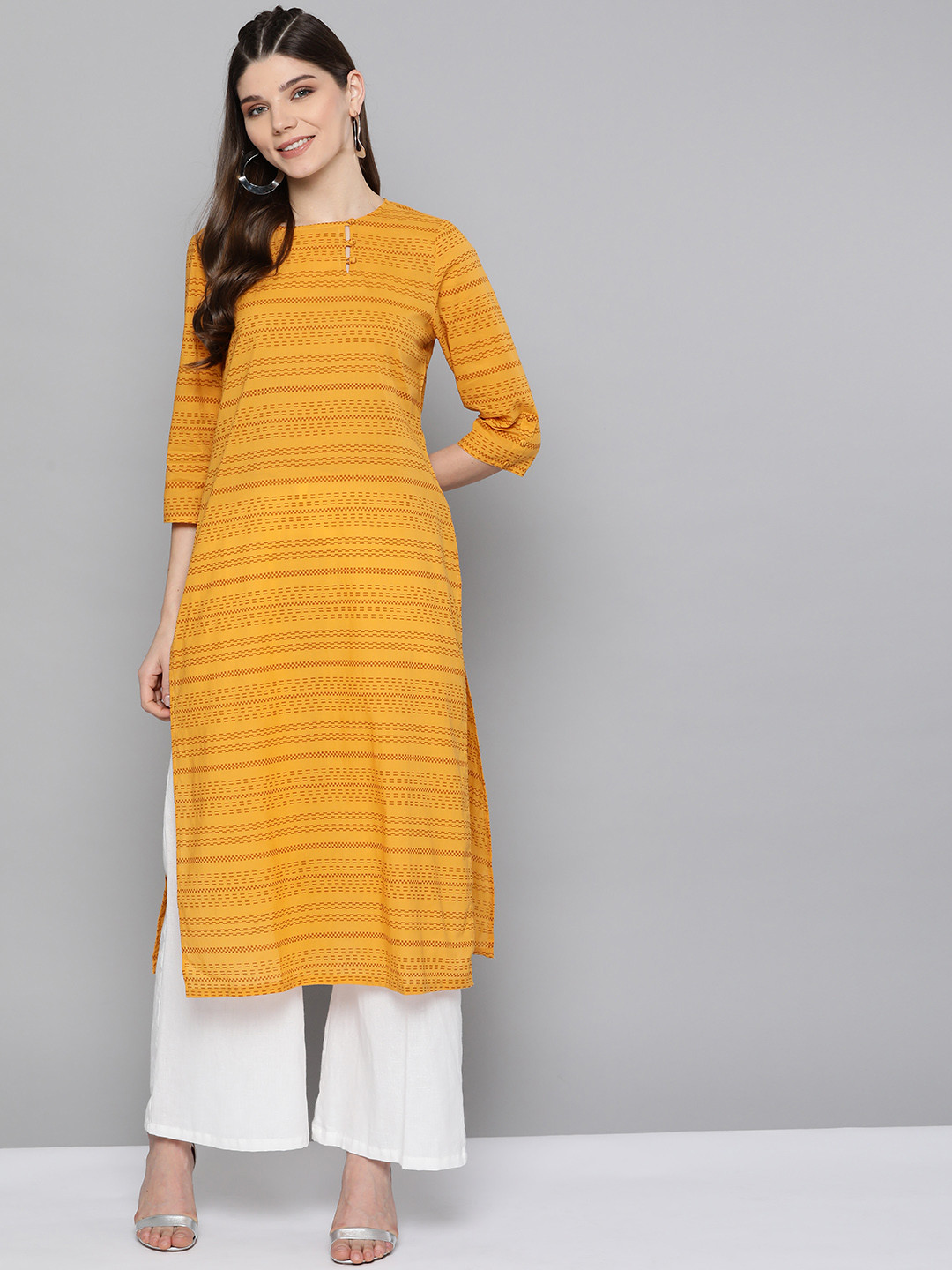 Women Mustard Embroidered Straight Kurtas