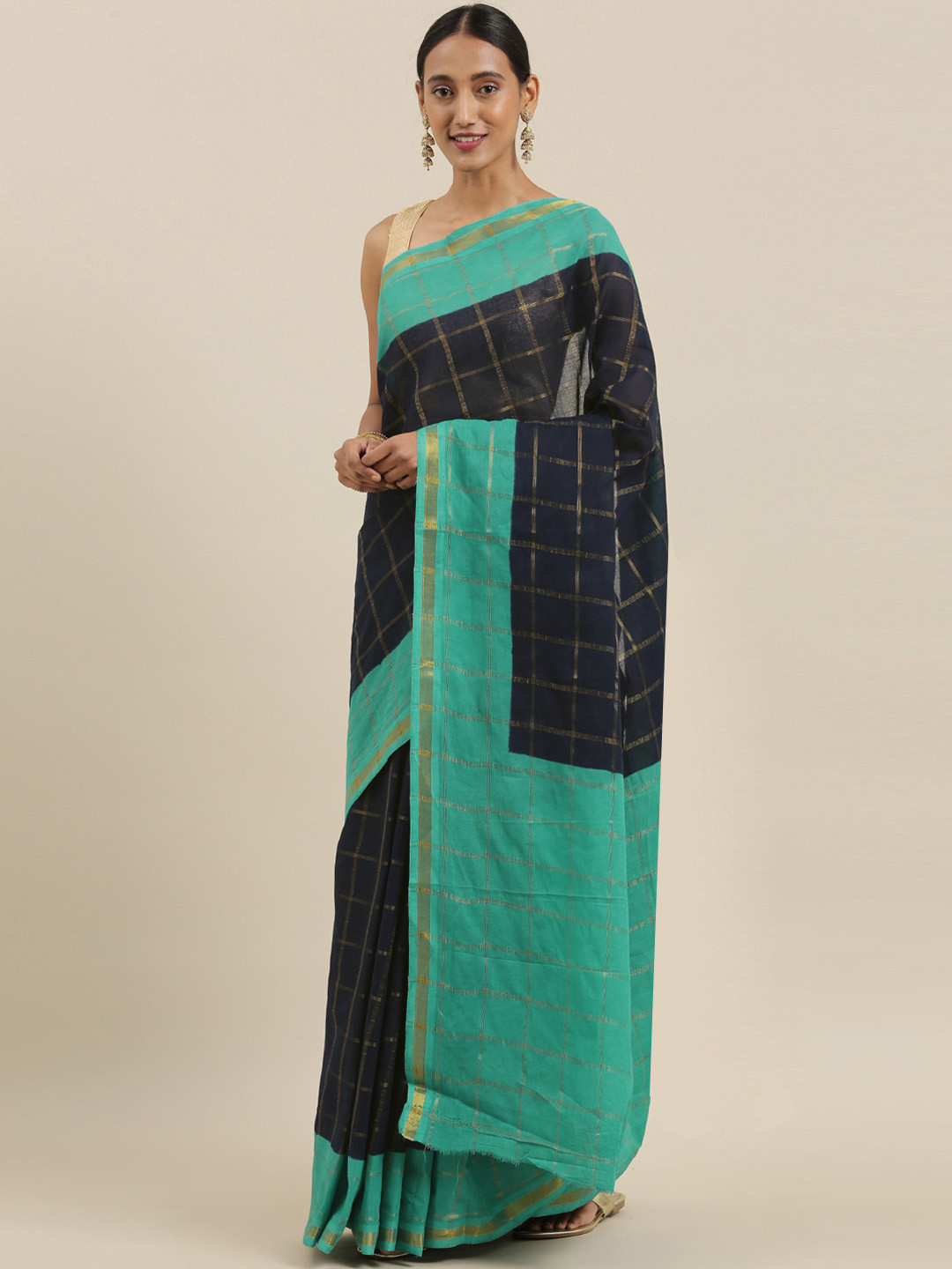 Buy The Chennai Silks Classicate Navy Blue & Golden Pure Cotton Checked