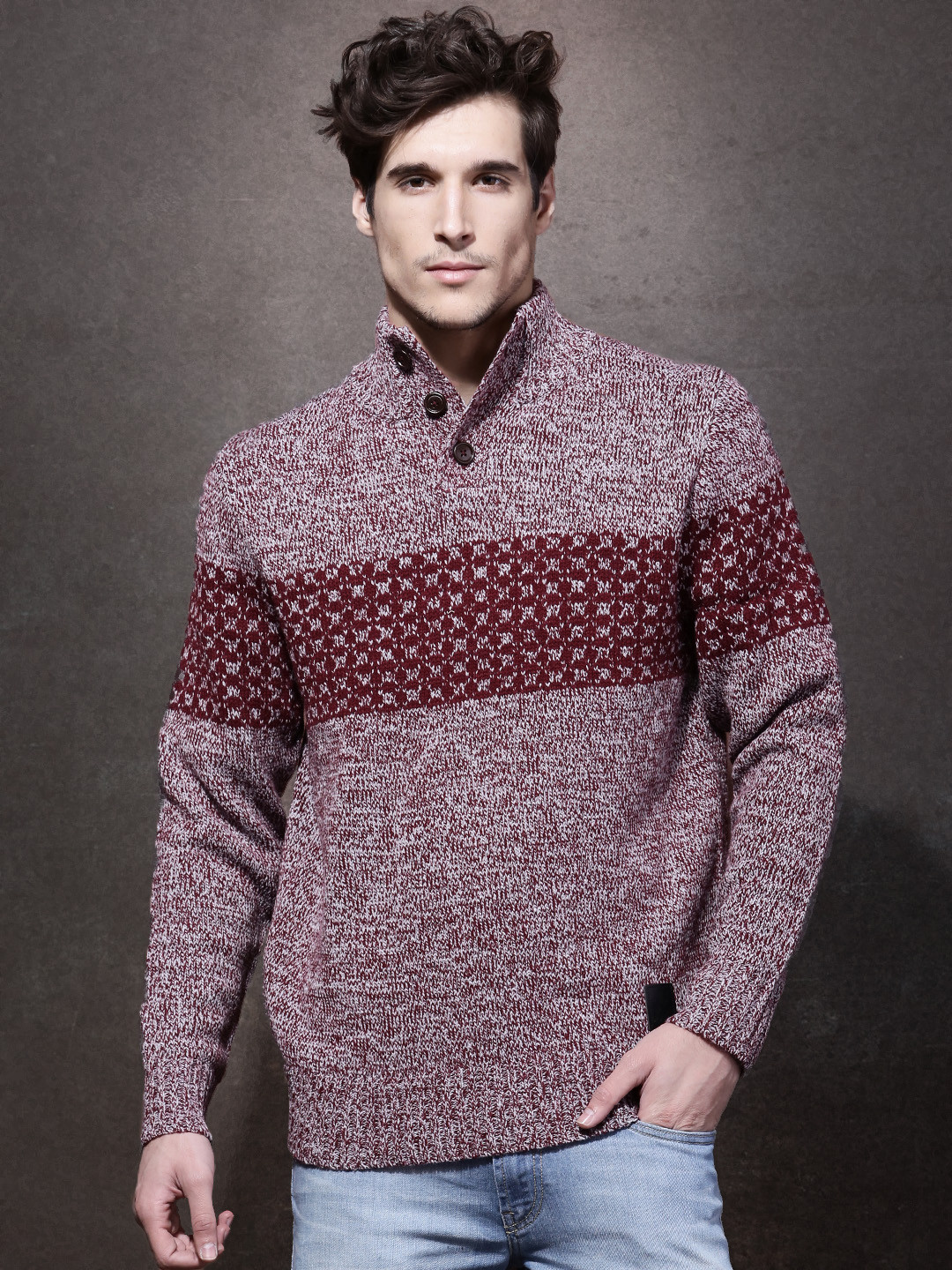 Buy Roadster Men Burgundy Self Design Sweater Sweaters for Men