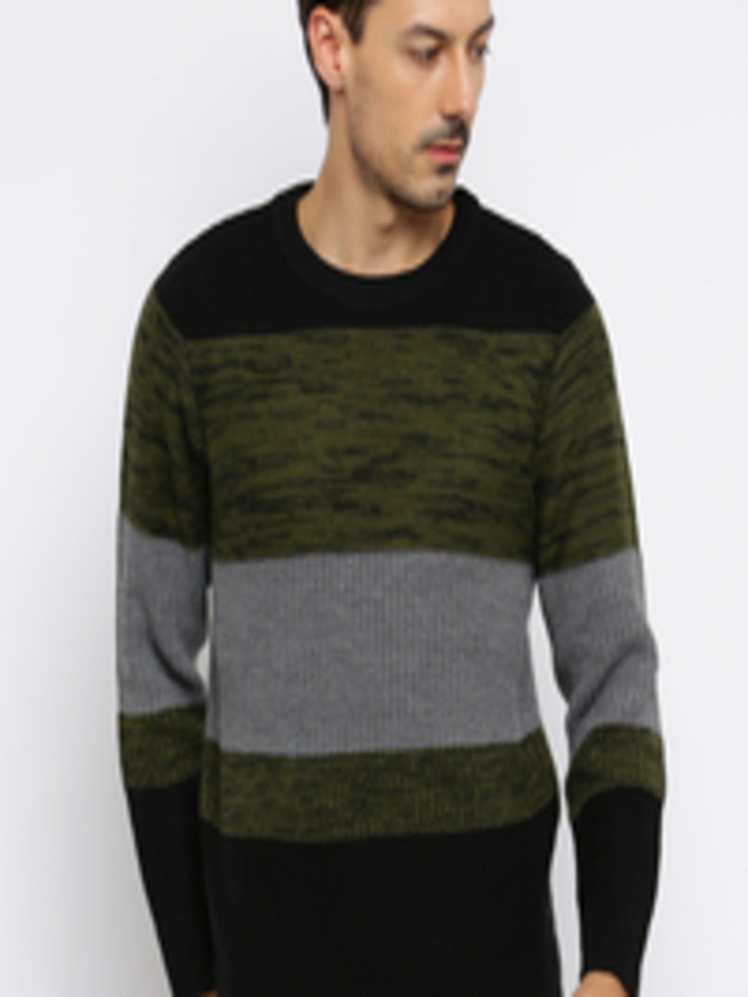 Buy Roadster Men Black & Green Colourblock Sweater - Sweaters for Men ...