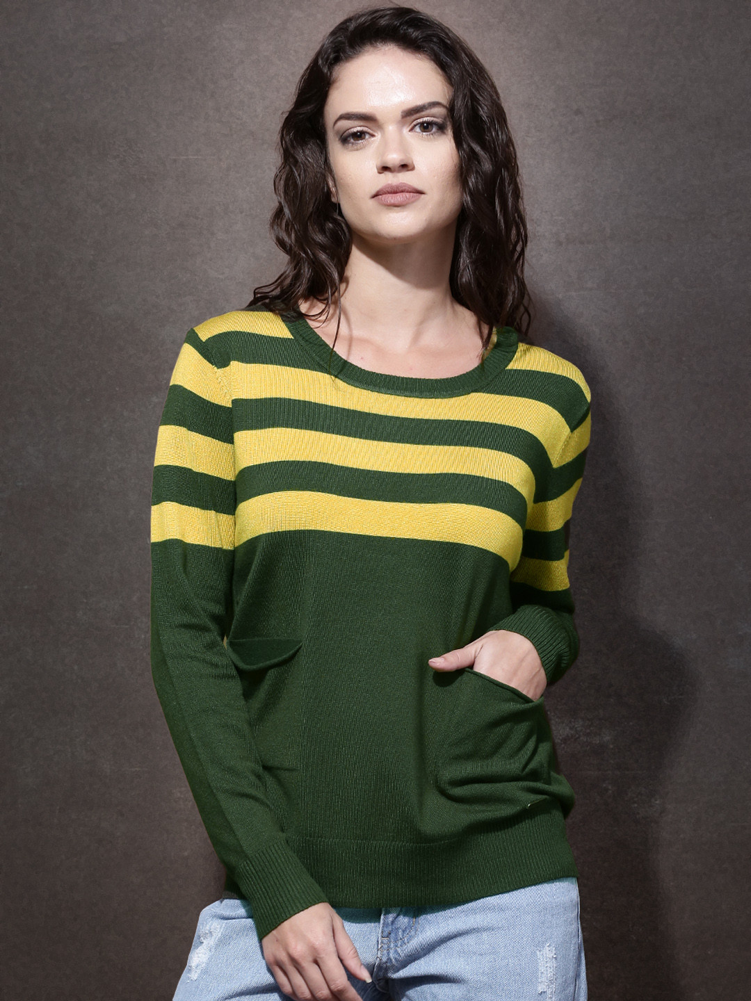 Buy Roadster Women Olive Green & Yellow Striped Sweater Sweaters for