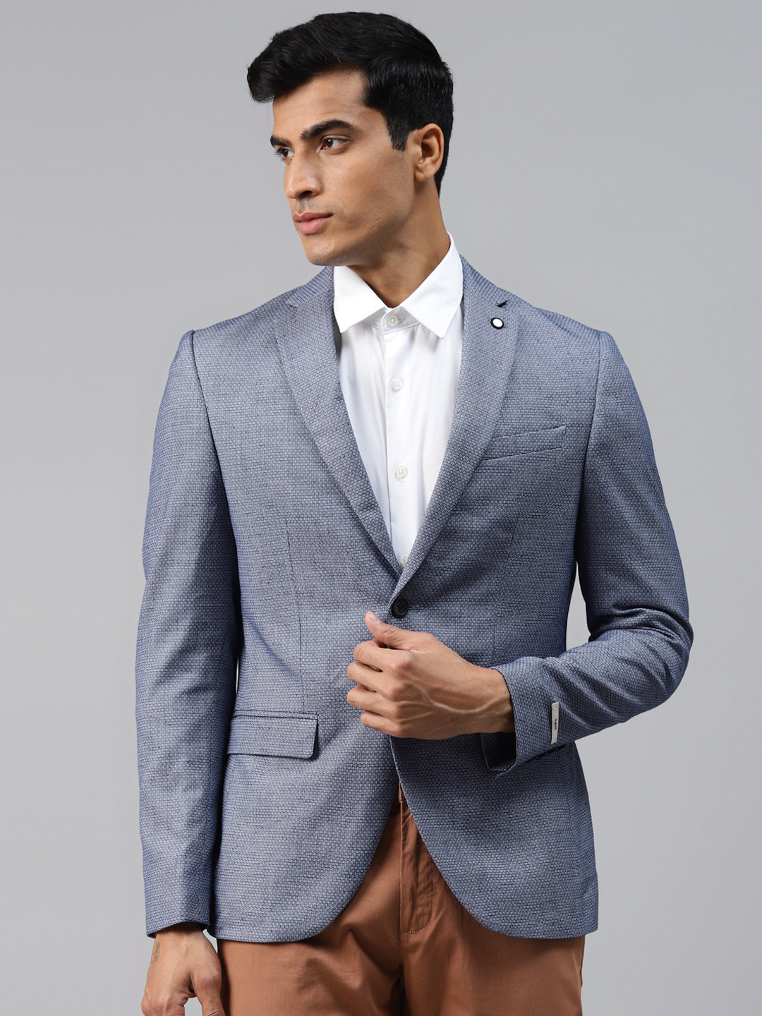 Men's Blue Self Design Single Breasted Blazer