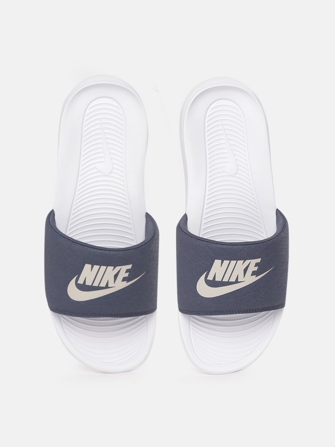 Buy Nike Men Navy Blue & White Victori One Brand Logo Print Sliders ...