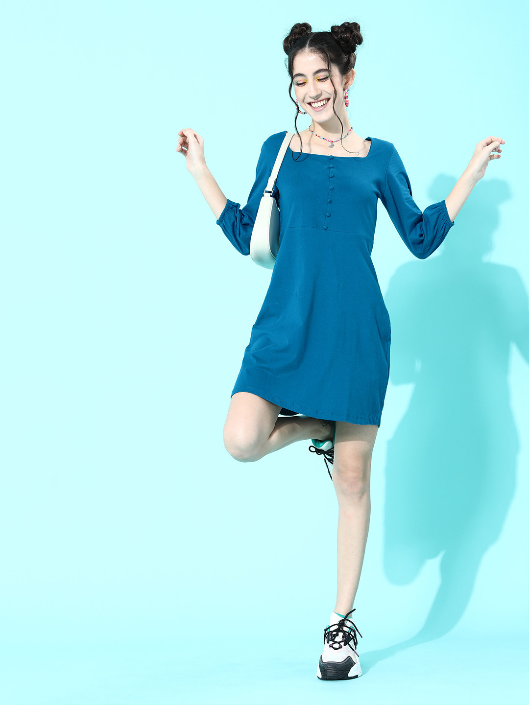 Buy DressBerry Women Stunning Blue Solid Puff Sleeves Dress Dresses