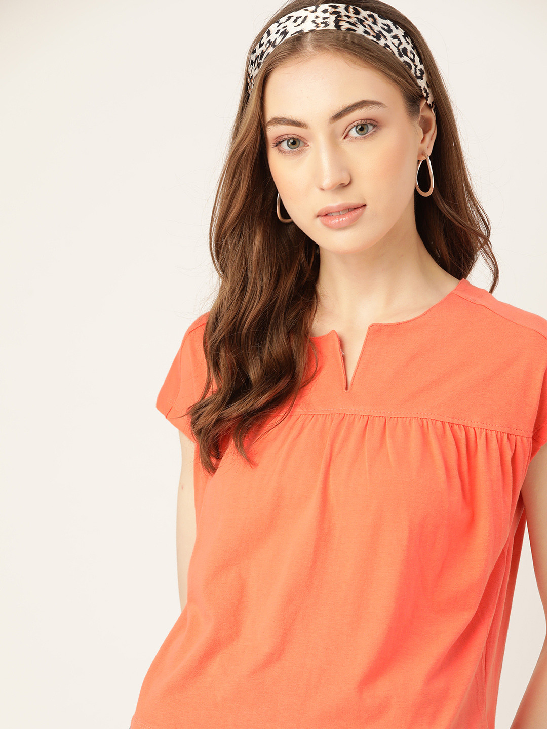 Buy DressBerry Peach Coloured Extended Sleeves Solid Pure Cotton Top