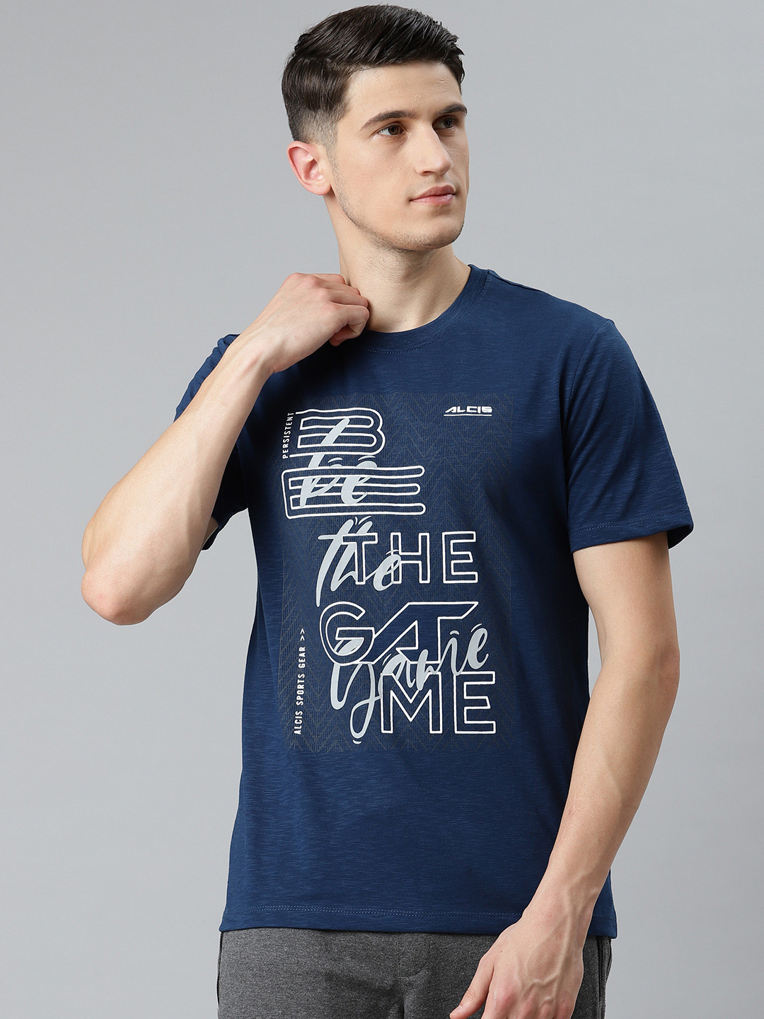 Buy Alcis Men Navy Blue & White Typography Printed Slim Fit T Shirt