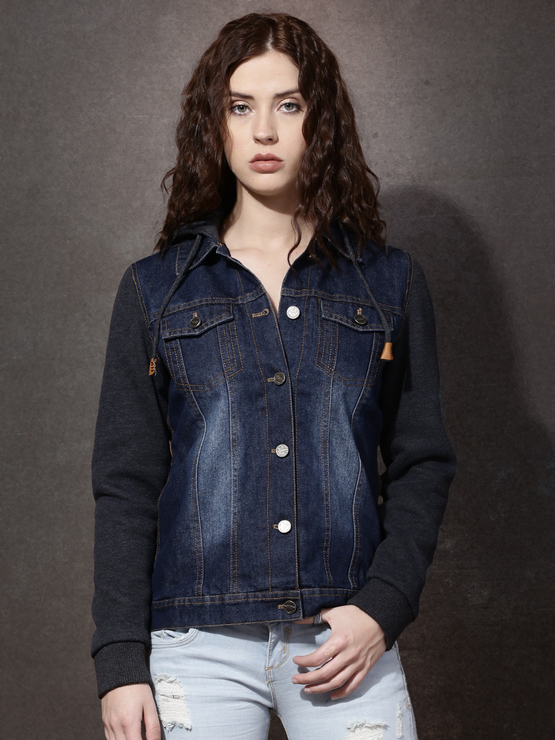 Buy Roadster Blue & Charcoal Grey Hooded Denim Jacket Jackets for