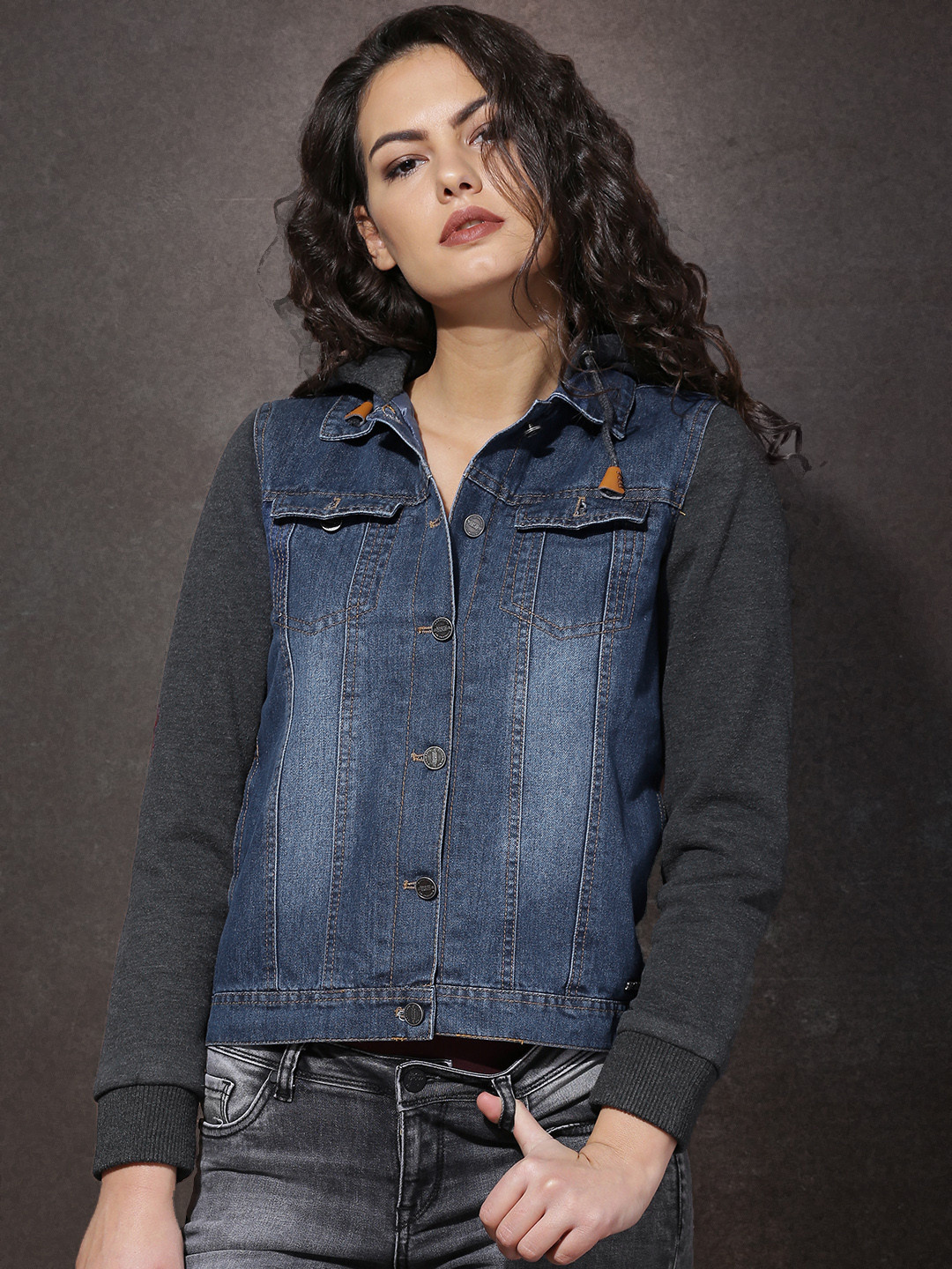 Buy RDSTR Blue & Charcoal Grey Hooded Denim Jacket Jackets for Women