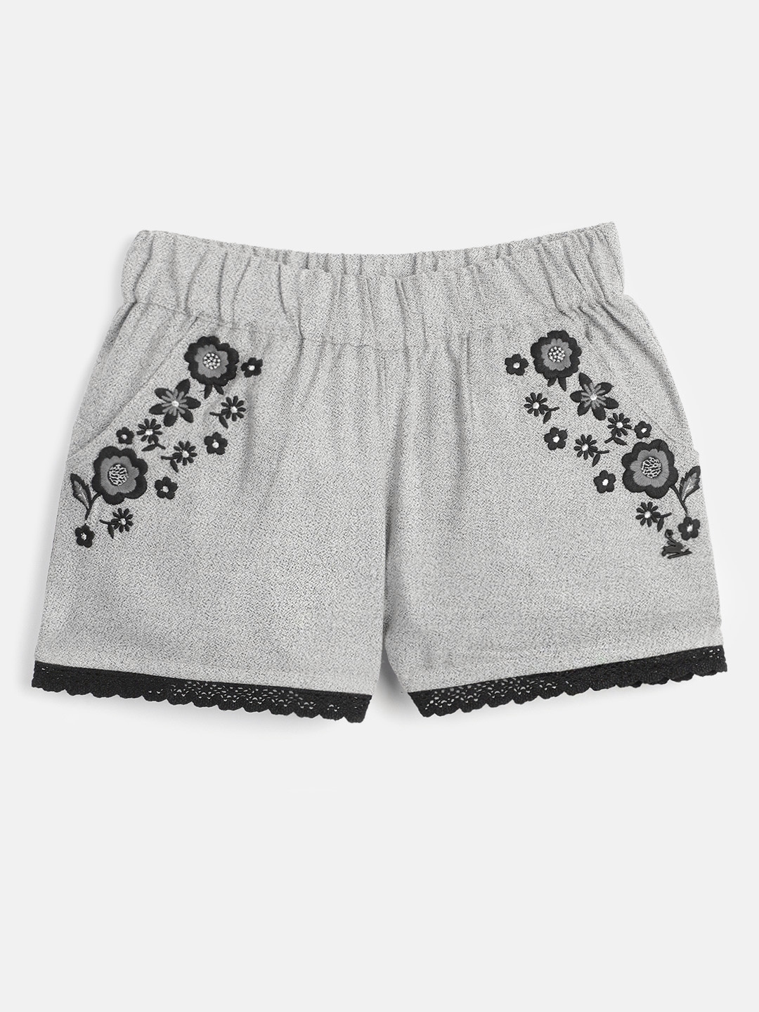 Buy Cherry Crumble Girls Grey & Black Floral Embroidered Lace Detail ...