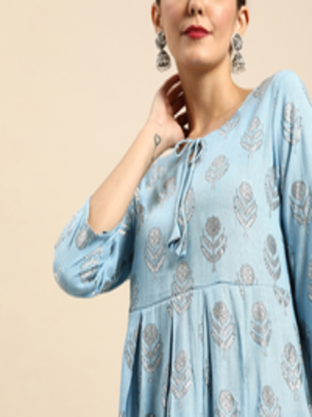 Buy Anouk Women Blue & Silver Toned Printed Kurta With Palazzos - Kurta ...