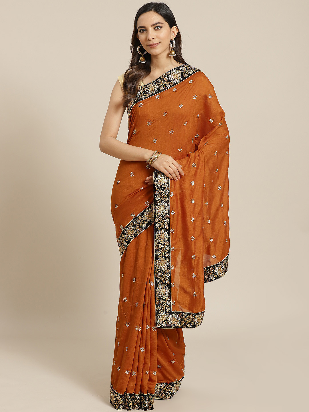 Buy Flaher Mustard Brown & Golden Embroidered Saree Sarees for Women 13790648 Myntra