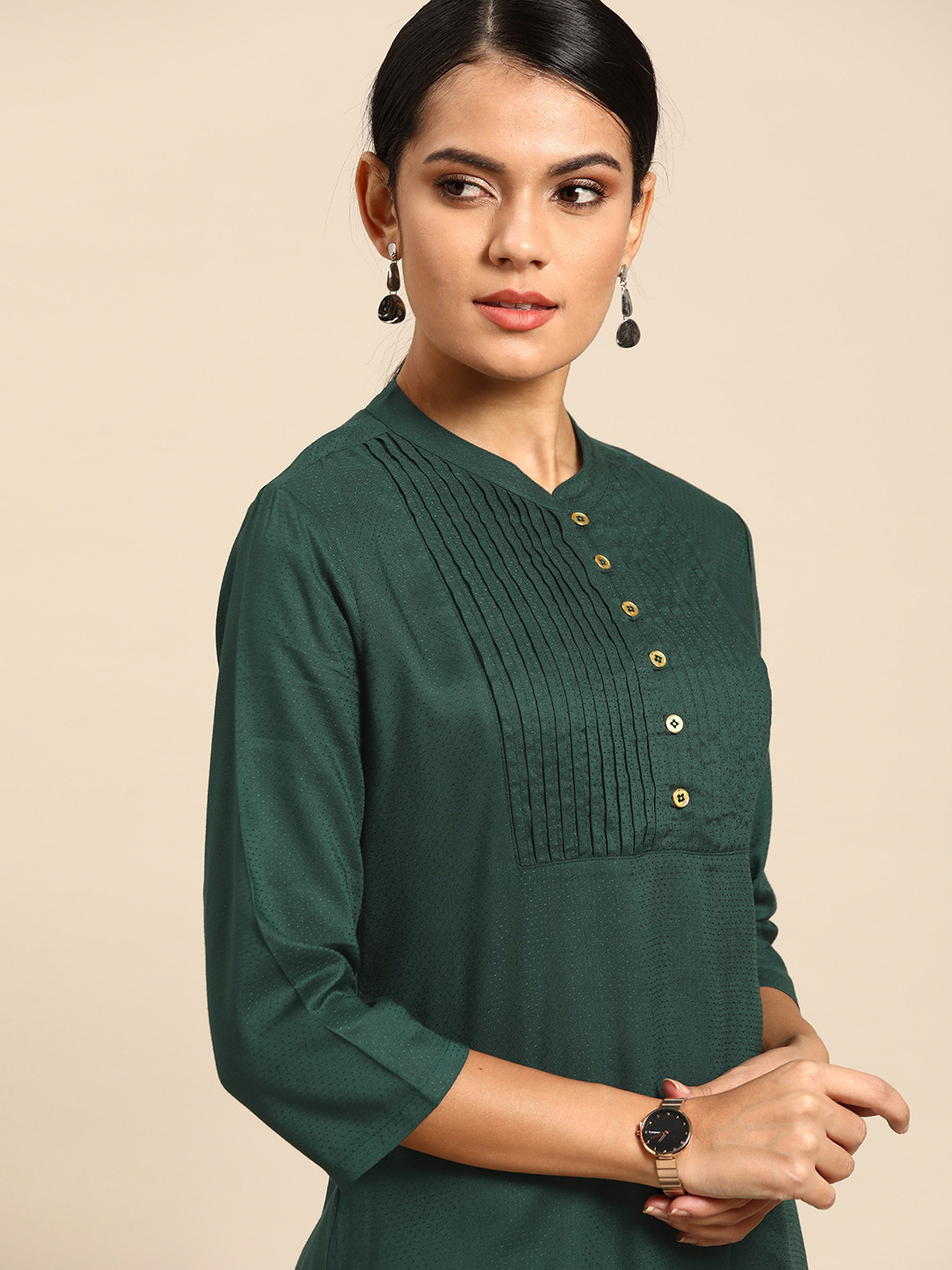 Buy Anouk Women Green Solid Band Collar 3/4th Sleeves Straight Kurta