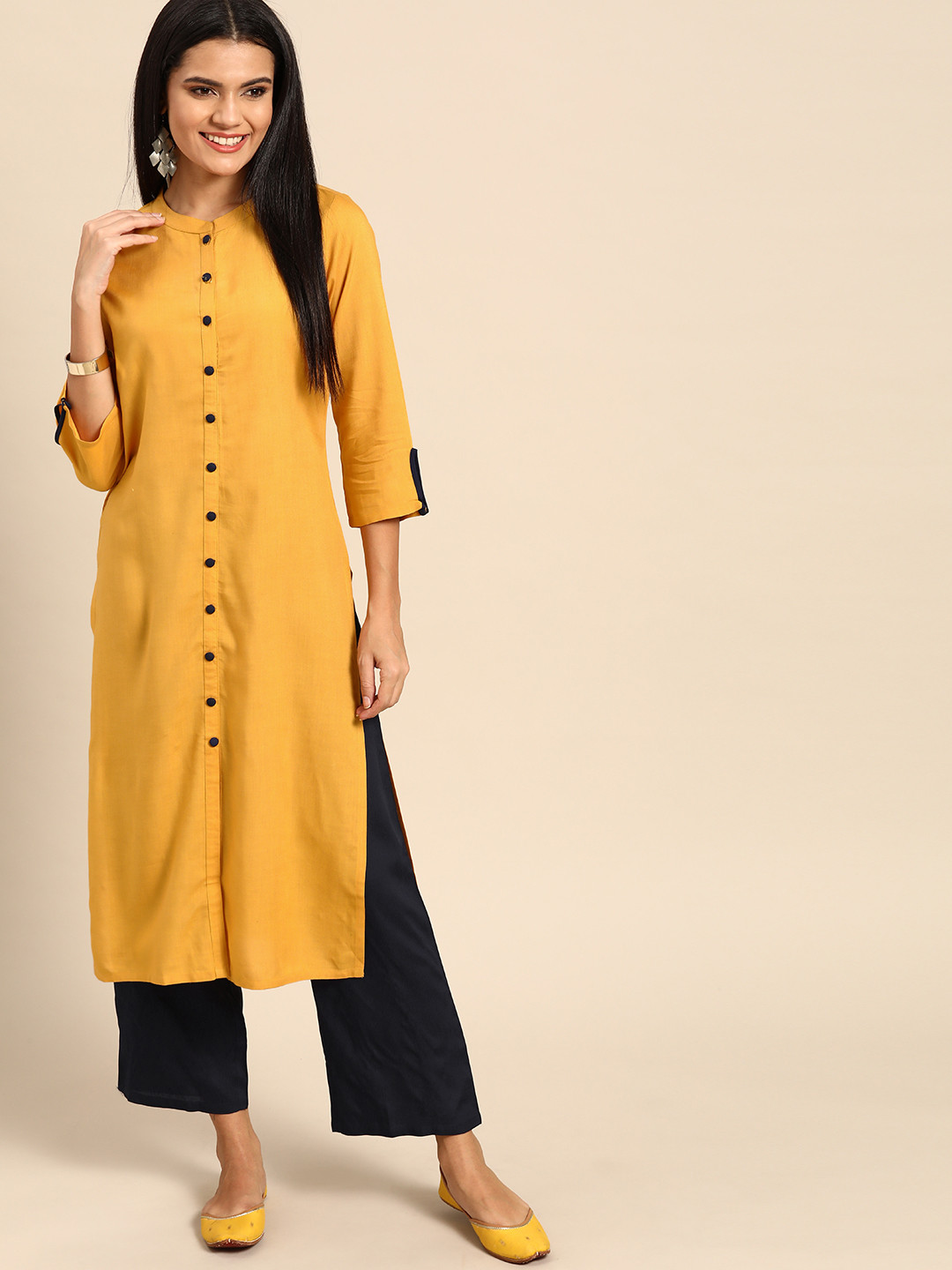 Buy Anouk Women Mustard Yellow Solid Kurta With Palazzos Kurta Sets