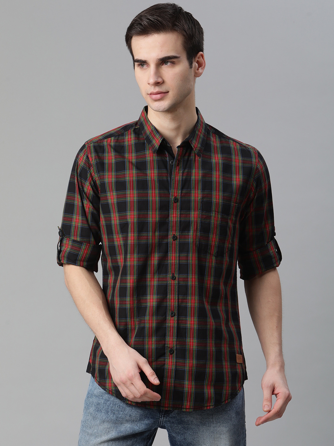 Buy Roadster Men Black & Red Tartan Checked Twill Pure Cotton Casual ...